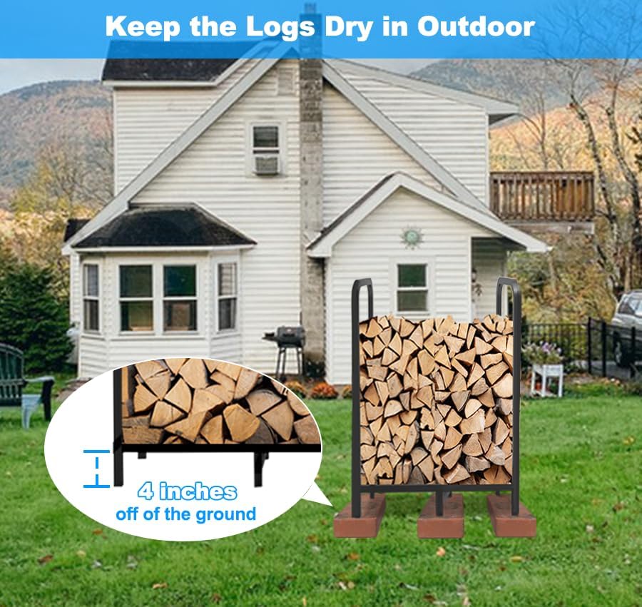 2.8ft Firewood Rack Holder, Adjustable Heavy Duty Fire Log Stacker Stand for Fireplace, Outdoor Indoor Metal Wood Pile Storage Organizer, Patio Logs Stand tool, Black
