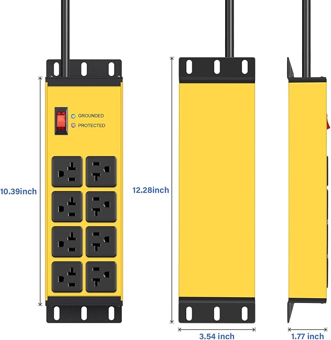 CCCEI Yellow Heavy Duty Power Strip Surge Protector 20 AMP, 8 Outlets 12 Gauge