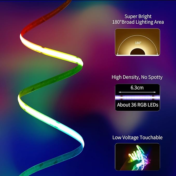 BUNACET 20FT LED Strip Lights COB Smart IC, 24V RGB LED Lights