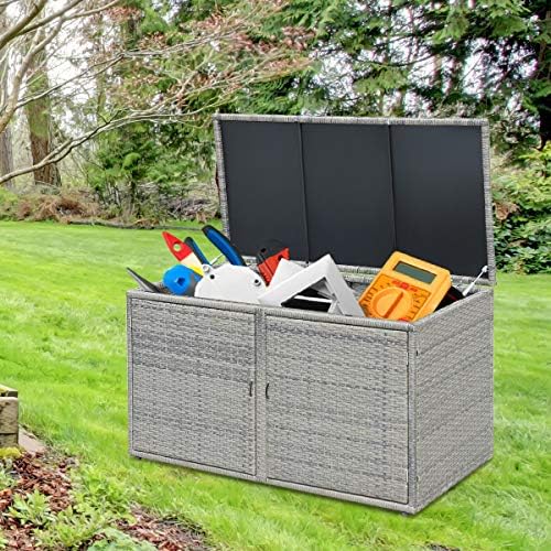 Tangkula Outdoor Wicker Storage Box, Garden Deck Bin with Steel Frame, Rattan Storage Box with Lid, Ideal for Storing Tools, Accessories, 88 Gallon Capacity (Grey)