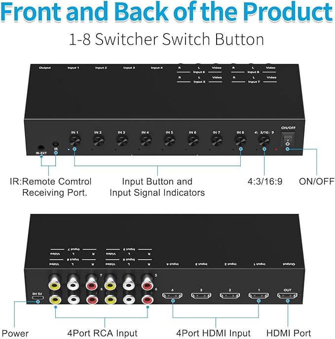 RuiPuo 8-Input to 1-HDMI-Output Converter Switchbetween Quick Different Sources