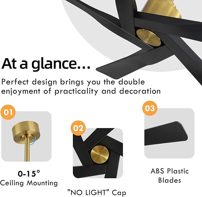 WINGBO 54" ABS DC Ceiling Fan No Light, 5 Blade ABS Plastic Ceiling Fan