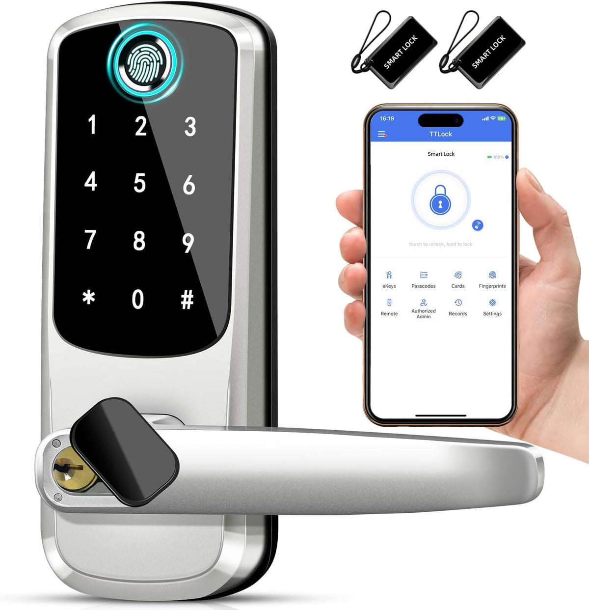 Smart Door Lock with Handle, Keyless Entry Door Locks, 8-in-1 Fingerprint