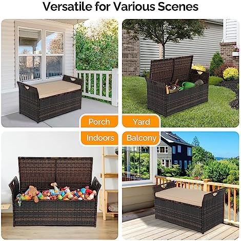 VINGLI 40 Gallon Outdoor Storage Bench with Cushion, Rattan Storage Box, Patio Wicker Deck Box with Seat for Garden | Balcony | Porch | Pool | Yard (Brown Frame + Beige Cushion)