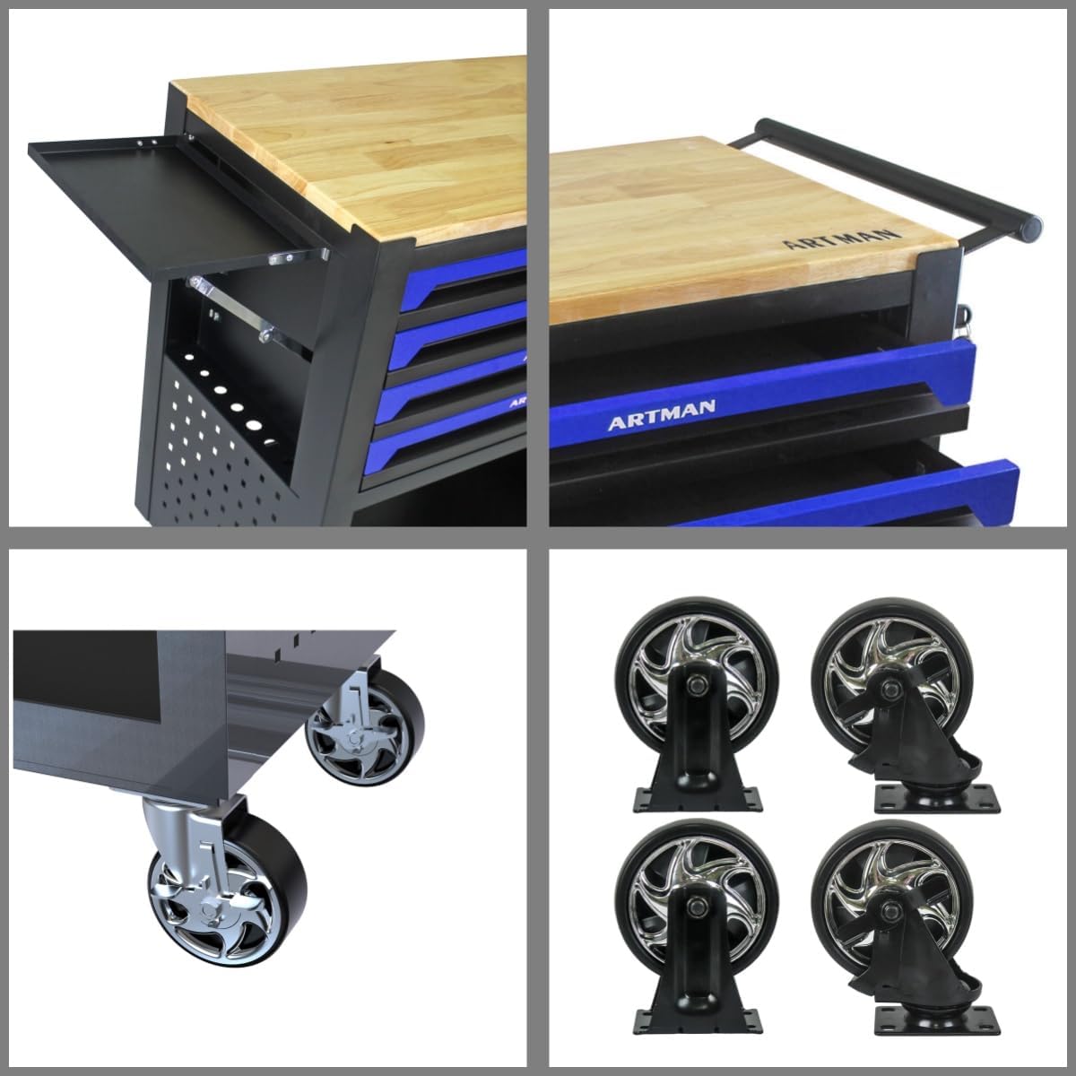 lockable 4-drawer rolling tool chest with wooden top showing dimensions