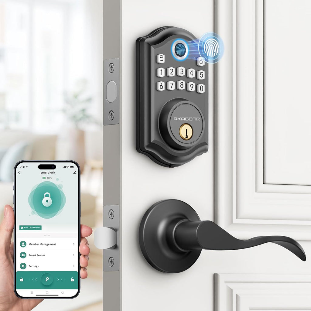 AkaGear Fingerprint Keyless Entry Door Lock with Lever Handle Set, Black