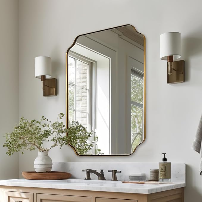 ANDY STAR Brushed Gold Mirror, Rounded Rectangle Bathroom Mirror