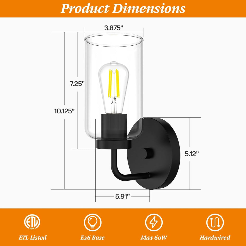Zevluck Wall Sconces Set of 2, Modern Wall Light Fixtures with Clear Glass Shade, Matte Black Bathroom Vanity Light, Hardwired Vanity Wall Lamps for Bathroom, Bedroom, Living Room, Stairs, Hallway