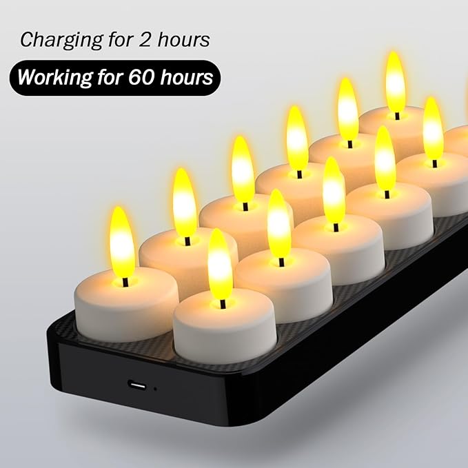 HL Rechargeable LED Tea Lights with USB Charging Base & Remote Timer - Battery Operated Flameless Flickering Votive Candles for Weddings, Emergency, Halloween, and Christmas Decorative 12pcs