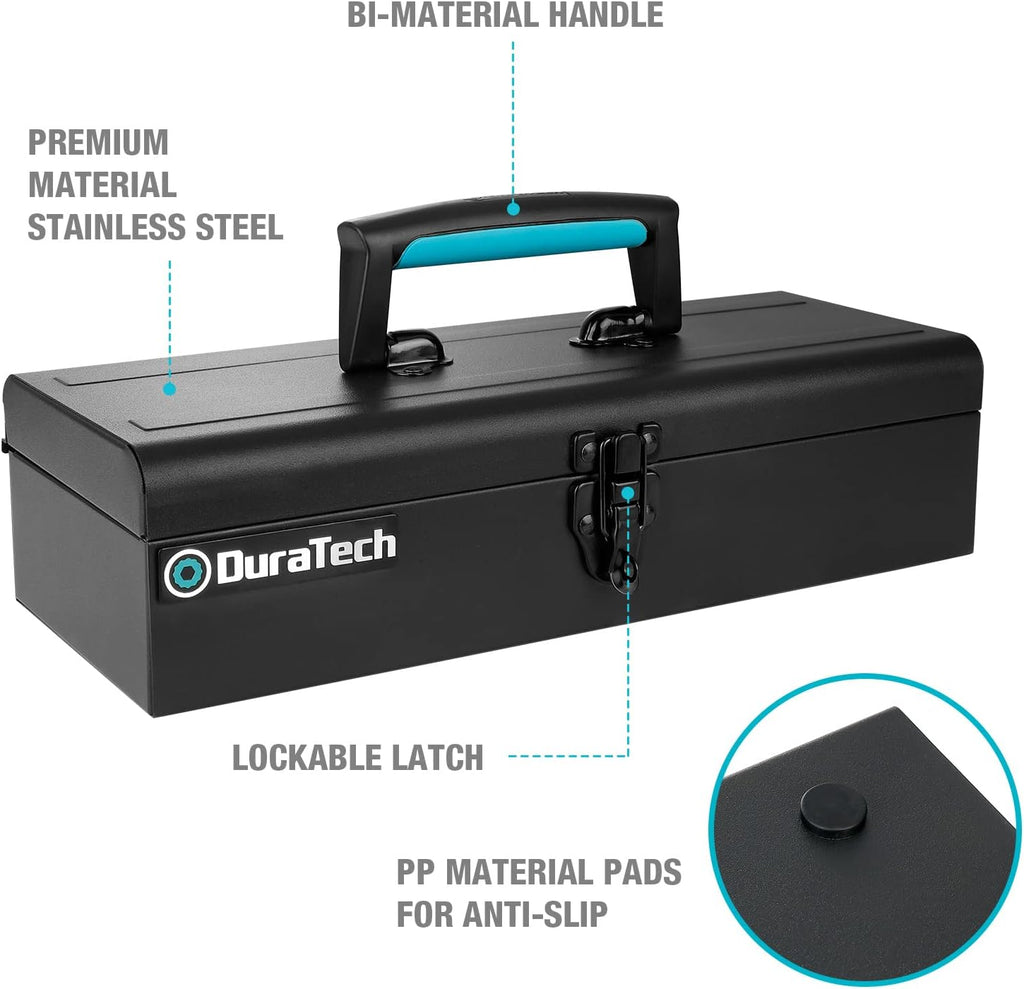 duratech 15" metal tool box, portable steel toolbox shown in use