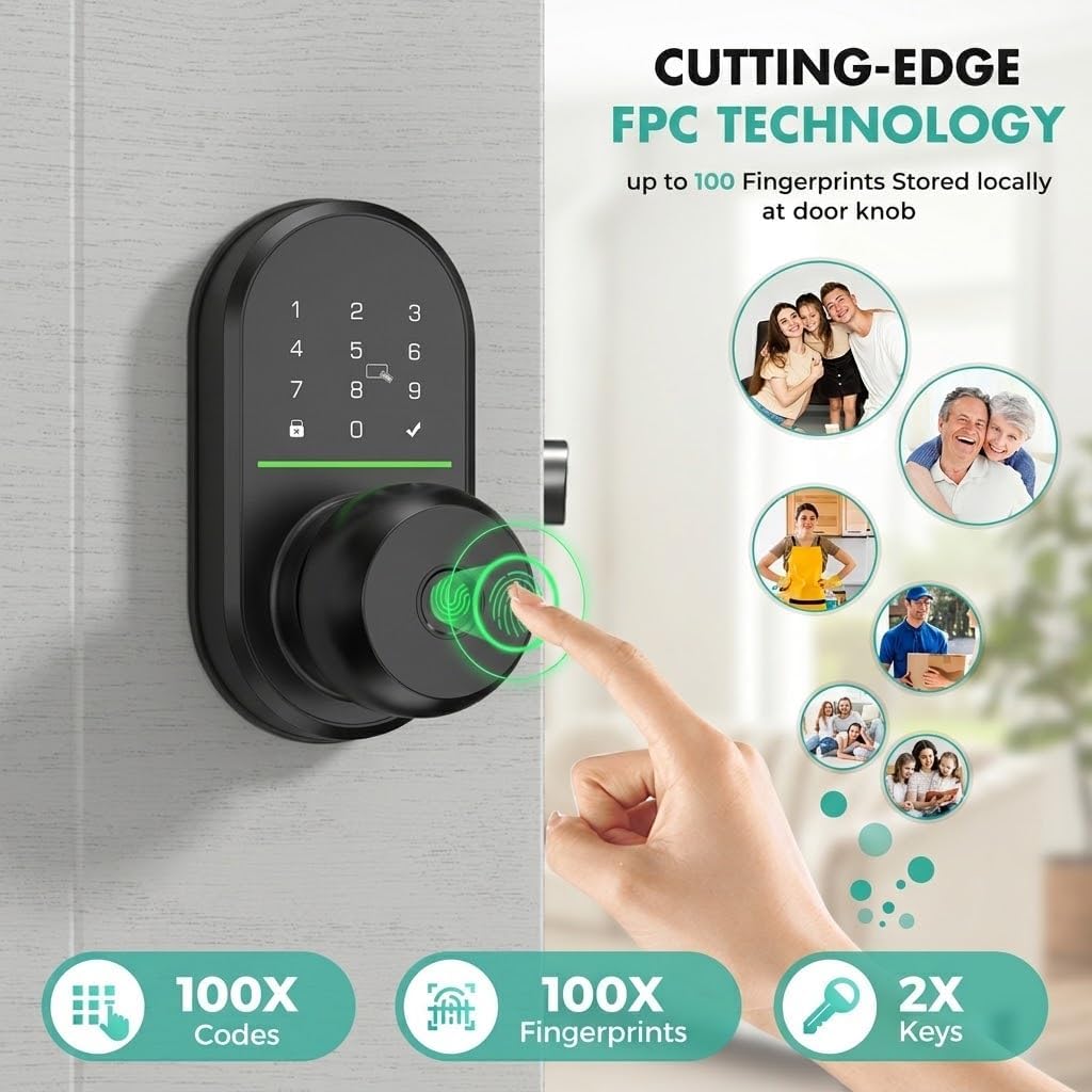 HEI LIANG Smart Door Lock Knob, Fingerprint Keyless Entry, Matte Black