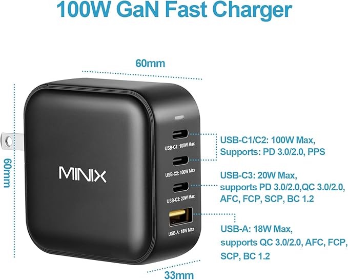 MINIX NEO P3 100W Turbo 4-Port GaN Wall Charger, 3 x USB C port Fast Charging