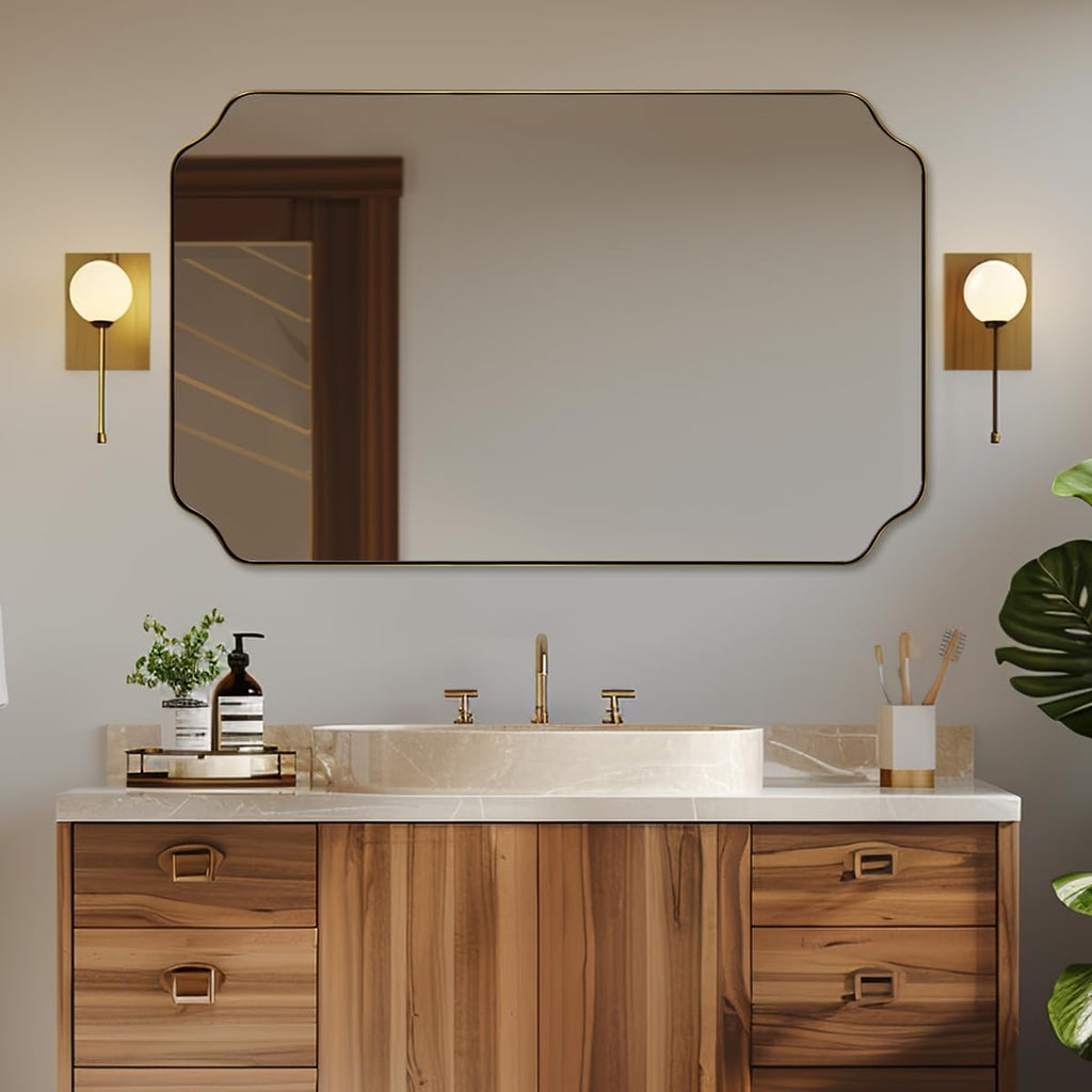 ANDY STAR 30"x48" Gold Bathroom Mirror, Large Scalloped Wall Mirror, Brushed