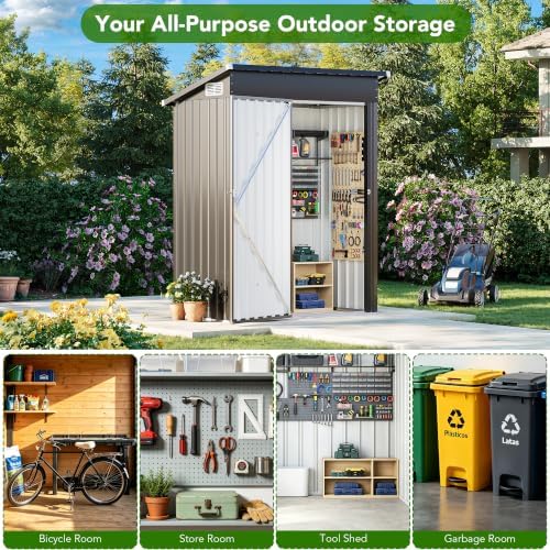 MXV 5x3 FT Outdoor Metal Storage Shed, Lockable Galvanized Steel Tool House with Sloped Roof, Waterproof Shed for Backyard, Garden, Patio, Black