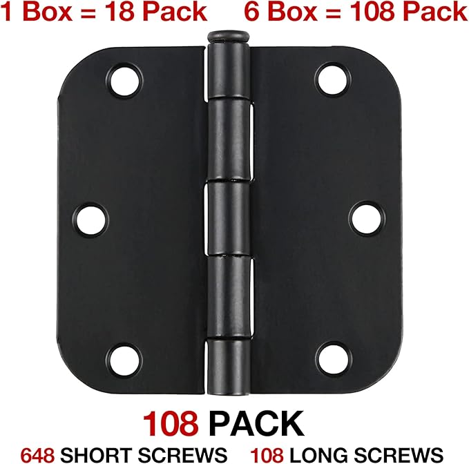108 Pack Rounded Matte Black Door Hinges 3.5 Inch 5/8" Radius