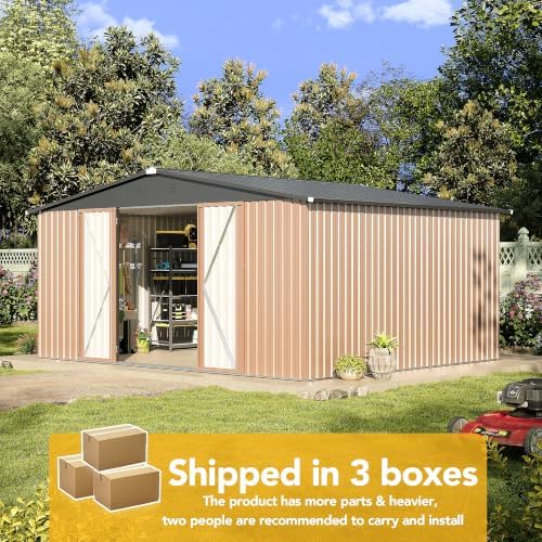 14x12FT Outdoor Storage Shed, Tool Shed with Sloping Roof and Lockable Door, Galvanized Metal Shed for Backyard Garden Patio Lawn, Brown