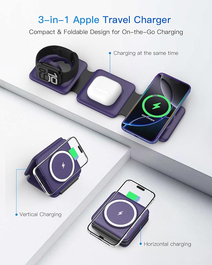 Iseyyox Charging Station for Mag Safe Apple - 3 in 1 Magnetic Foldable Wireless