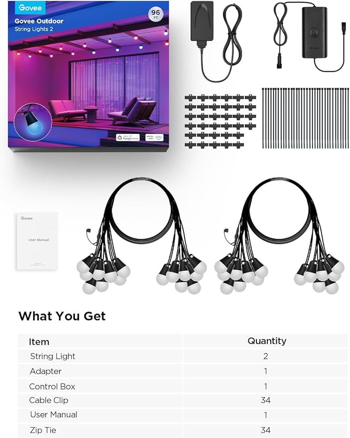 Govee Smart Outdoor String Lights 2, 96ft RGBIC Outdoor Lights