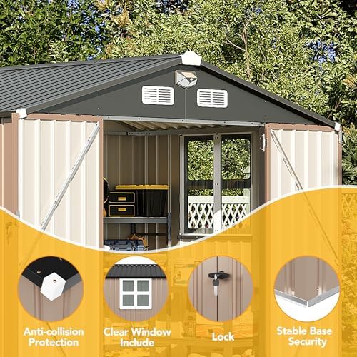 8x6FT Outdoor Storage Shed, Tool Shed with Sloping Roof and Lockable Door, Galvanized Metal Shed for Backyard Garden Patio Lawn, Brown1