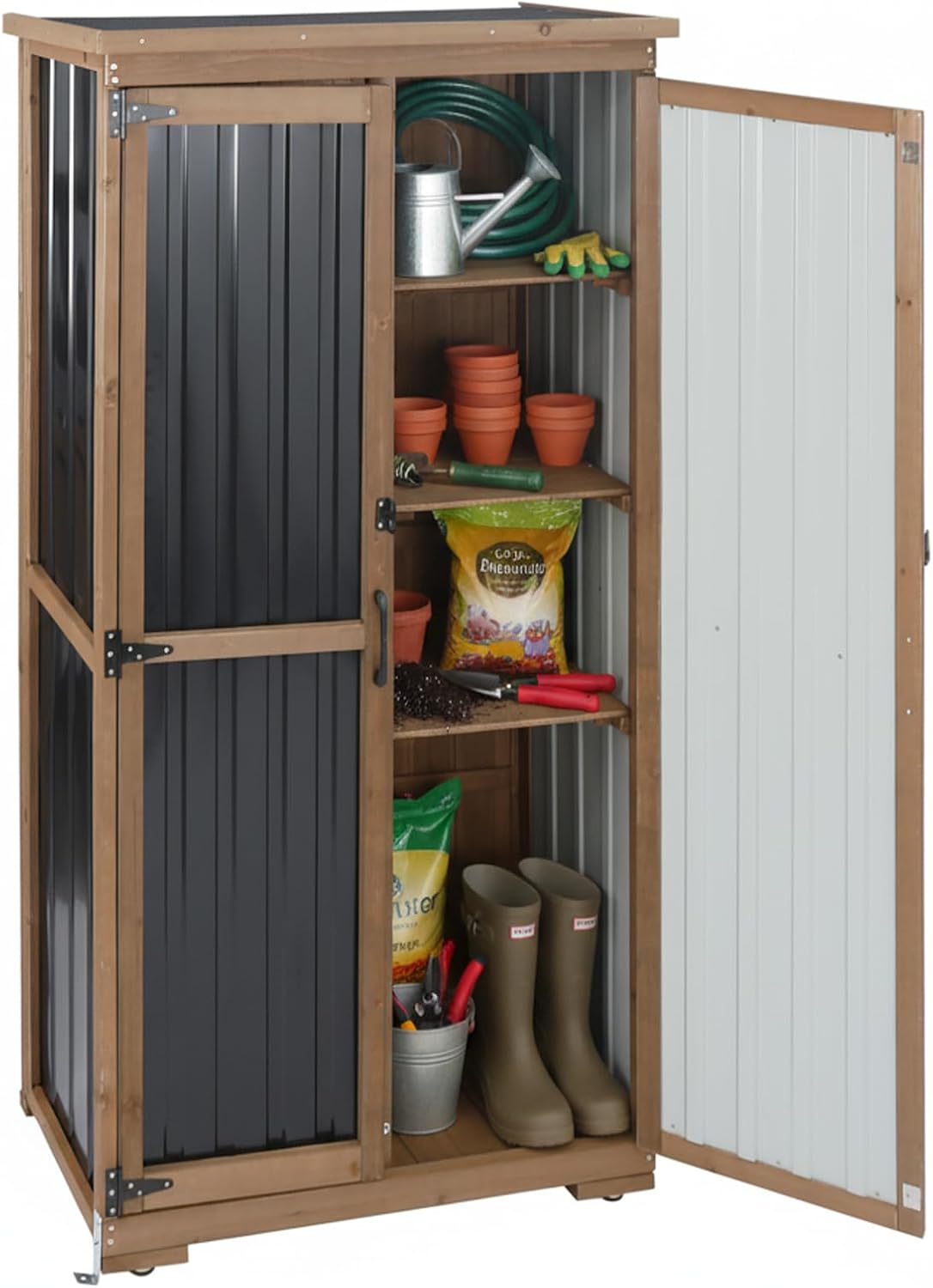 Outdoor Storage Cabinet with Shelves, Wood & Metal Storage Shed with Weatherproof Roof, Lockable Doors, Adjustable Feet, Outside Storage Cabinet for Garage, Patio (15.6" D x 32.3" W x 65.8" H)