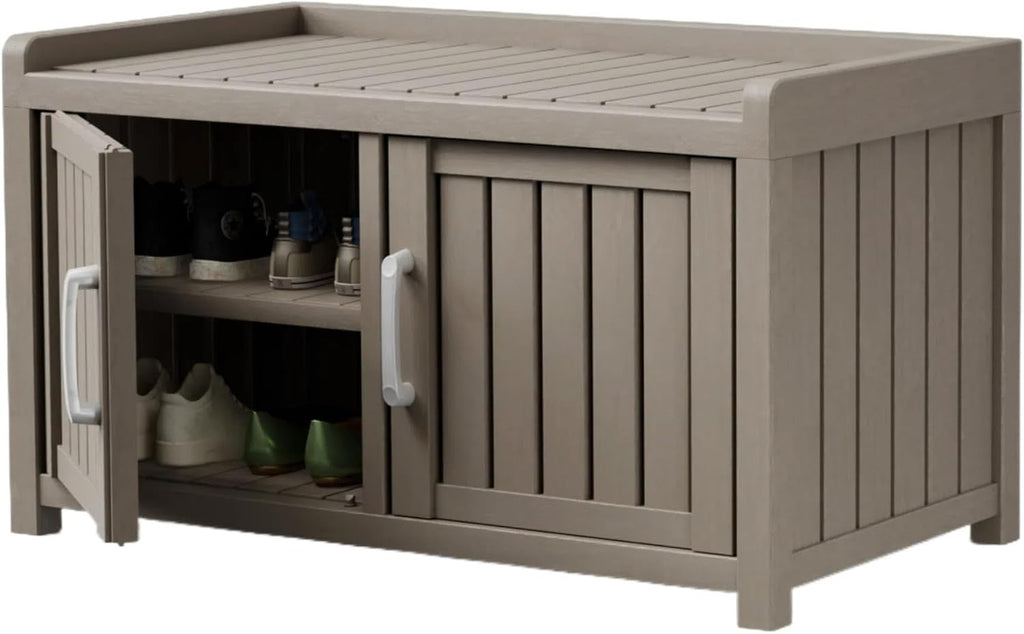 Storage Bench - 2 Doors Waterproof Resin Shoe Bench with Adjustable Shelves - Indoor & Outdoor Use, Entryway Bench with Seating for Bedroom, Living Room, Hallway - Grey