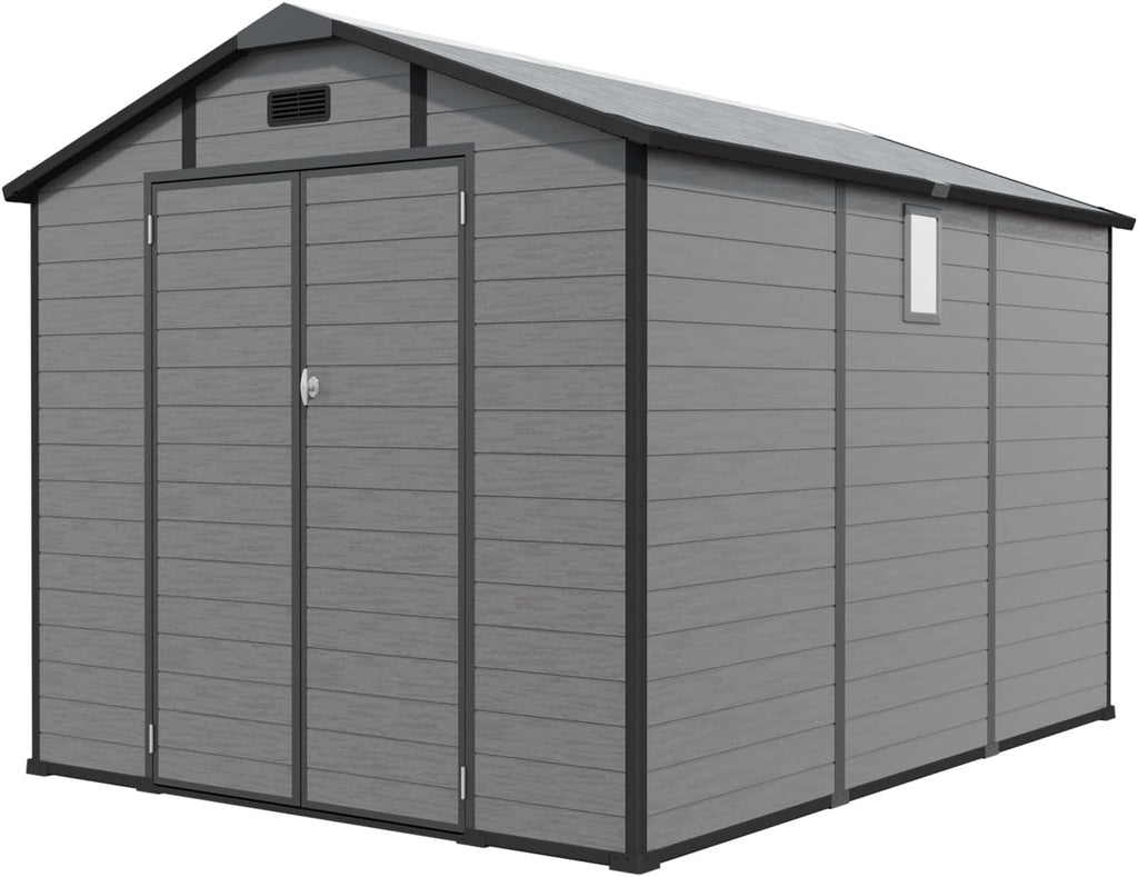 JT 8x10 FT Resin Storage Shed, Outdoor Tool Shed (Dark Grey)