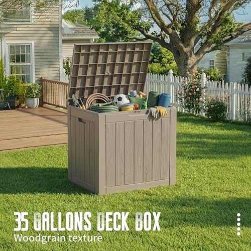 DRATO 35 Gallon Outdoor Storage Box Waterproof Lockable Small Deck Box Grey