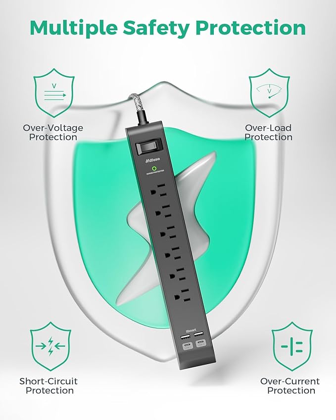 12FT Long Power Strip Surge Protector - (2 Pack)