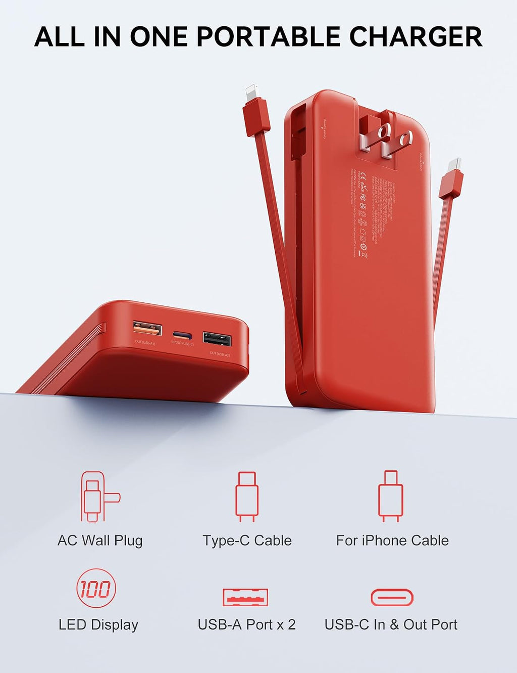 portable charger, 20000mah 22.5w fast charging power bank, side view