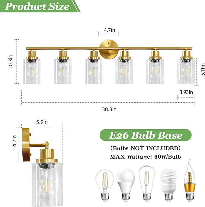 Guliaofo 6-Light E26 Gold Bathroom Vanity Lights, Modern Bathroom Light Fixtures