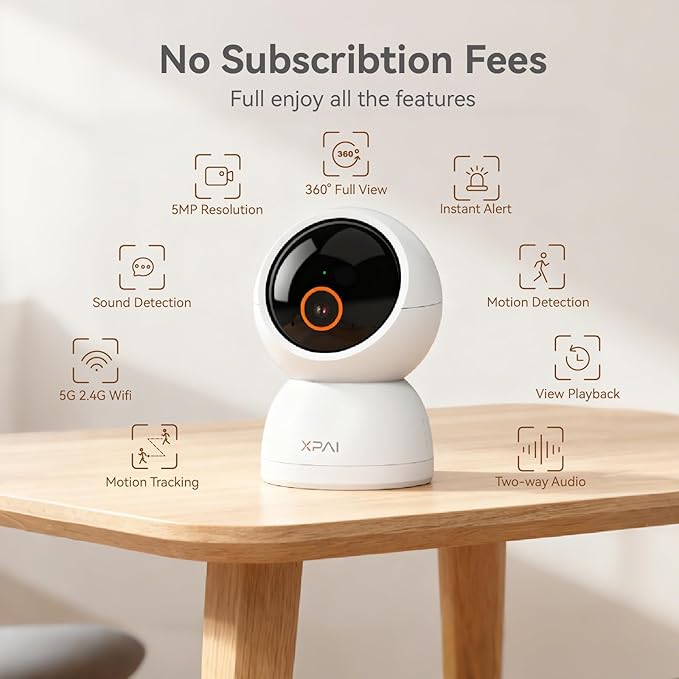 xpai Indoor Camera Wireless, 3K Indoor Camera No Subscription, 360° Motion