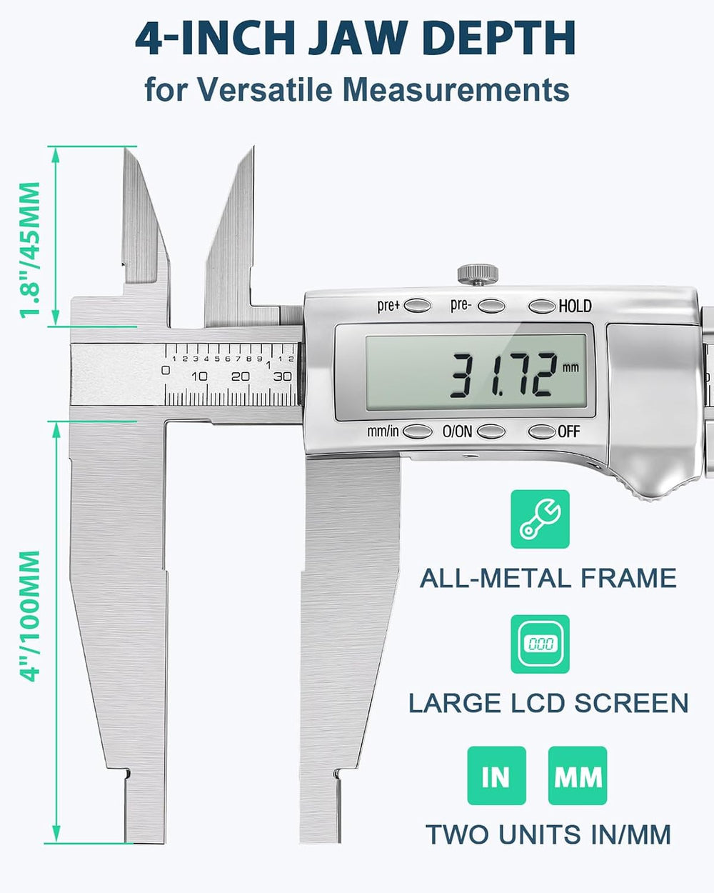 12 Inch Digital Caliper with 4 Inch Jaw, Full Metal Frame