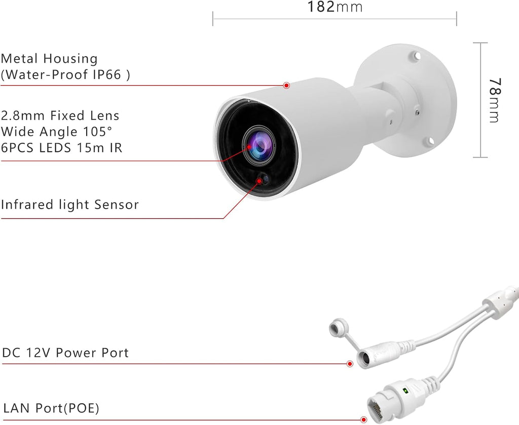 5mp poe ip bullet camera outdoor, h.265 poe showing dimensions