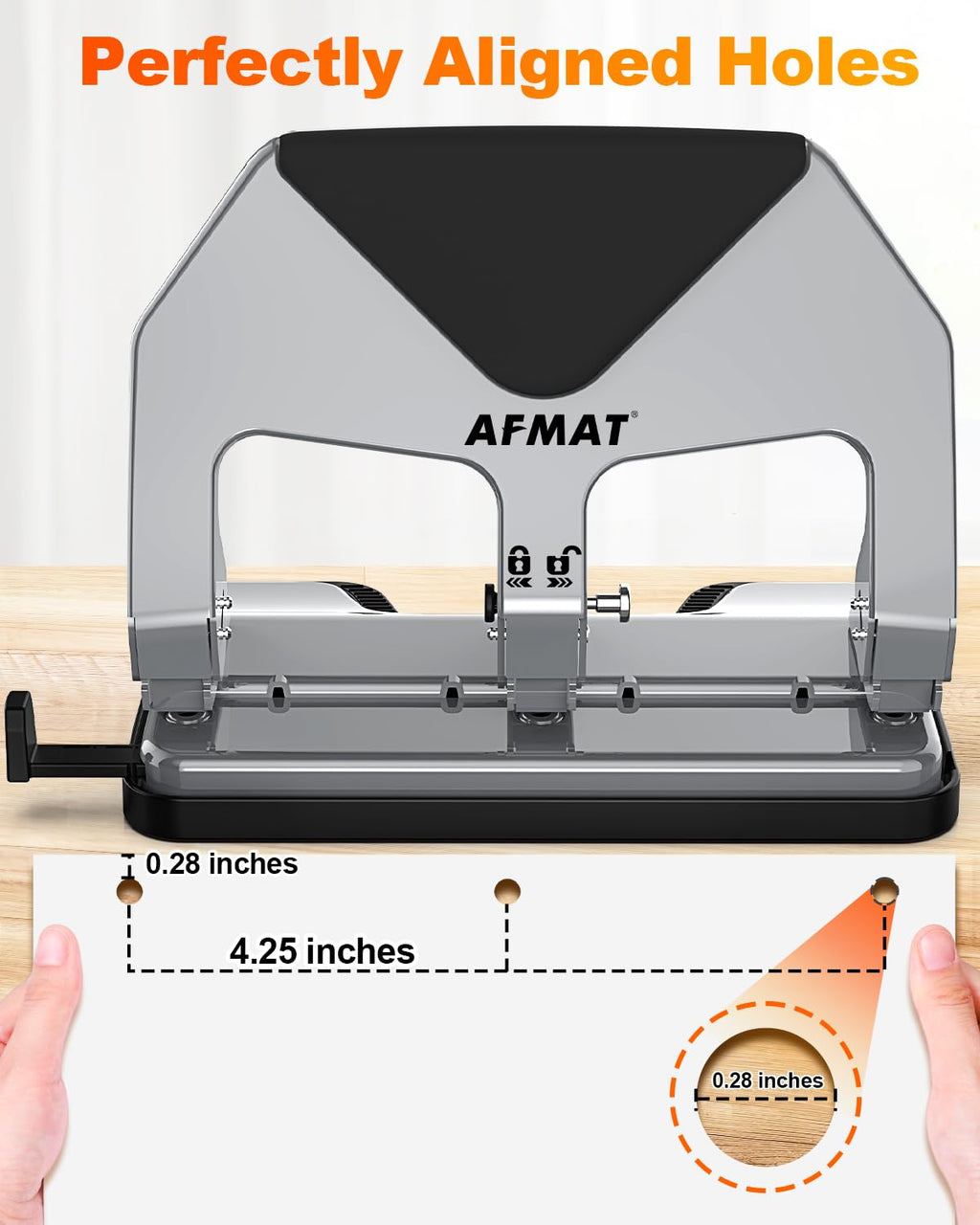 AFMAT 3 Hole Punch Heavy Duty, 50-Sheet Three Hole Punch, 50% Reduced Effort, 10,000+ Uses, 9/32" Holes, S.S. Paper Guide, 3 Hole Puncher for Binder, Metal Hole Puncher for Home Office School HP20