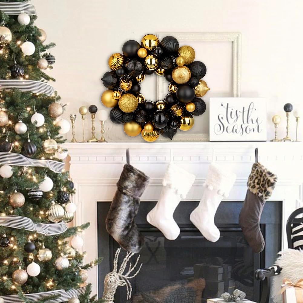Halloween Ball Wreath 13" Xmas Wreaths Ornaments Glitter Thicken Shatterproof Garland Decoration for Christmas Door Wall Mantel Holiday Party Decor, Gold & Black