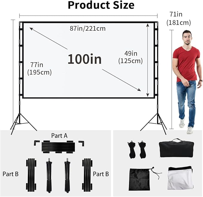 TOWOND Projector Screen with Stand, 100 inch Outdoor Projector Screen Portable