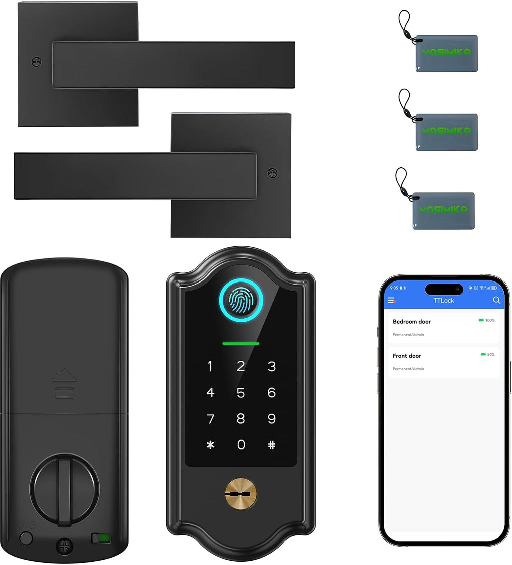 Smart Fingerprint Door Lock with Keypad and Handle – Keyless Entry Deadbolt for Front Door, App Control, Auto Lock, Local Security, Matte Black
