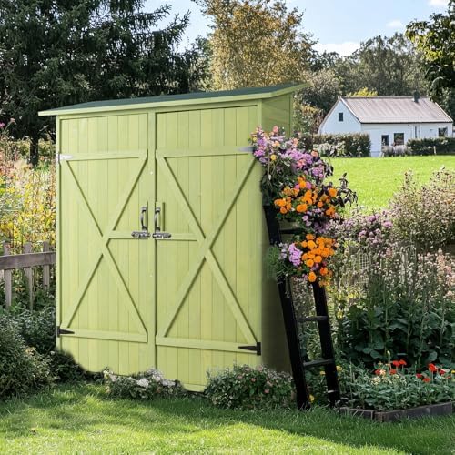 VINGLI Upgraded Outdoor Wooden Storage Shed, Extra Large Garden Shed Outside Tool Cabinet with 2 Safety Latches, Patio Storage Organizer for Garden Yard Lawn Equipment, Light Green
