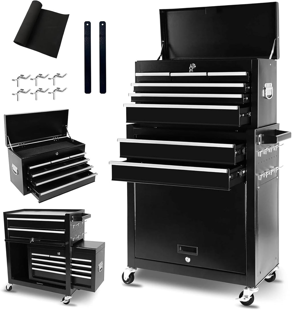 Dawmilon 8 Drawer Rolling Tool Chest, 2-in-1 Detachable Top Tool Box with Lockable Cabinet, Metal Tool Storage Cart with Wheels & EVA Drawer Liners for Garage Workshop, Black
