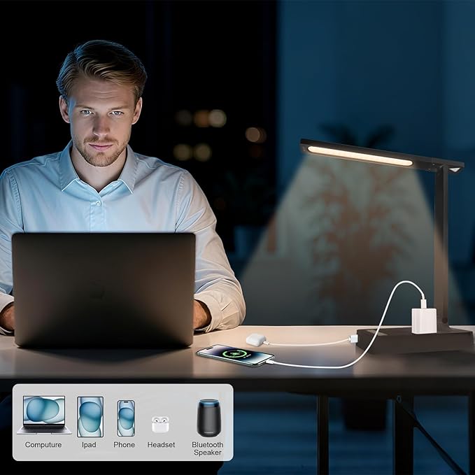 Smart Desk Lamp with 4-in-1 Charging Station, 5 Color temperatures and 5