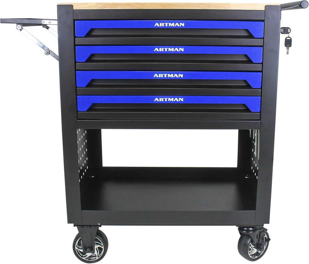Lockable 4-Drawer Rolling Tool Chest with Wooden Top Workbench