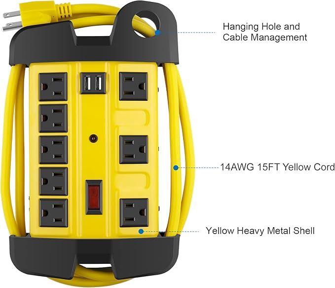 Heavy Duty Power Strip with USB, Workshop 8 Outlet Surge Protector 2700 Joules