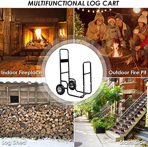 Goplus Firewood Log Rack Indoor Outdoor Fireplace Storage Holder Logs Heavy Duty Steel Wood Stacking Holder Kindling Wood Stove Accessories Tools Accessories (w/ 2 Wheels)