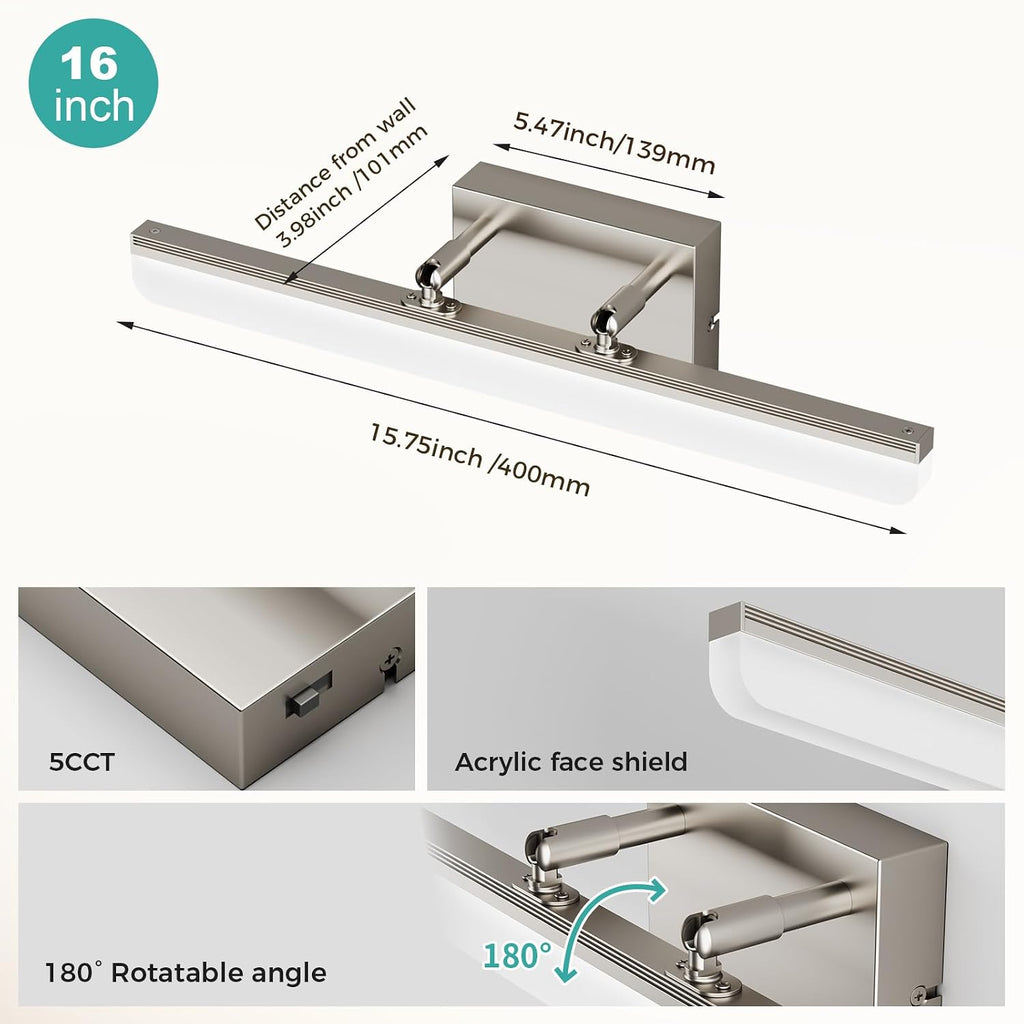 Brushed Nickel Vanity Light, 15.7” Dimmable LED Bathroom Light Bar with 5CCT, Adjustable Angle – Modern Wall Lighting for Bathroom, Powder Room, Bedroom, Apartment, Hotel