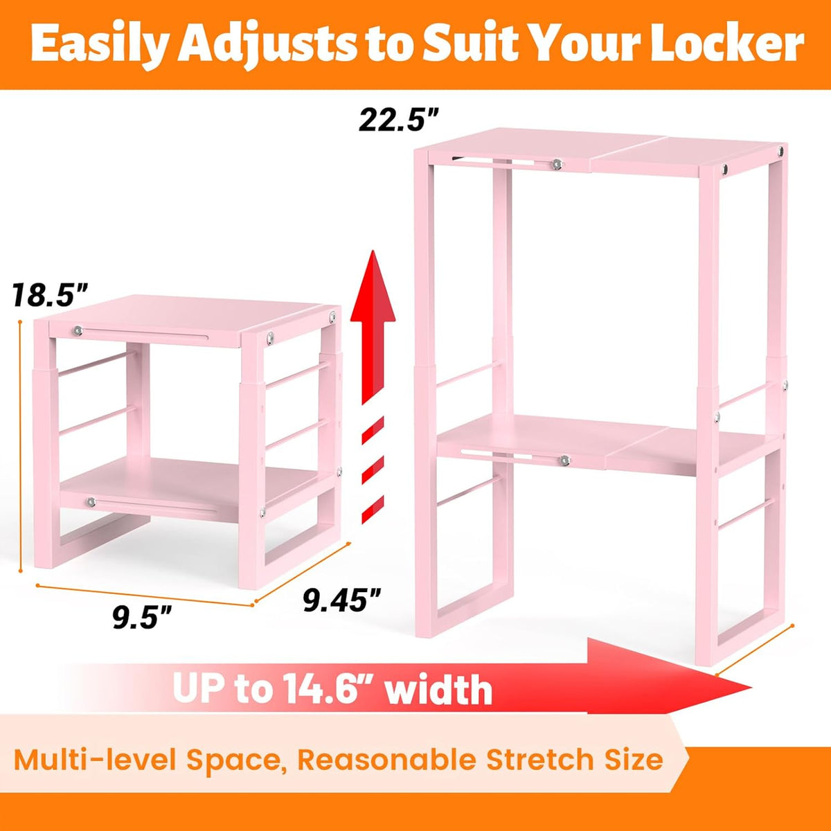 lidtop locker organizer shelf pink, metal adjustable width, close-up detail