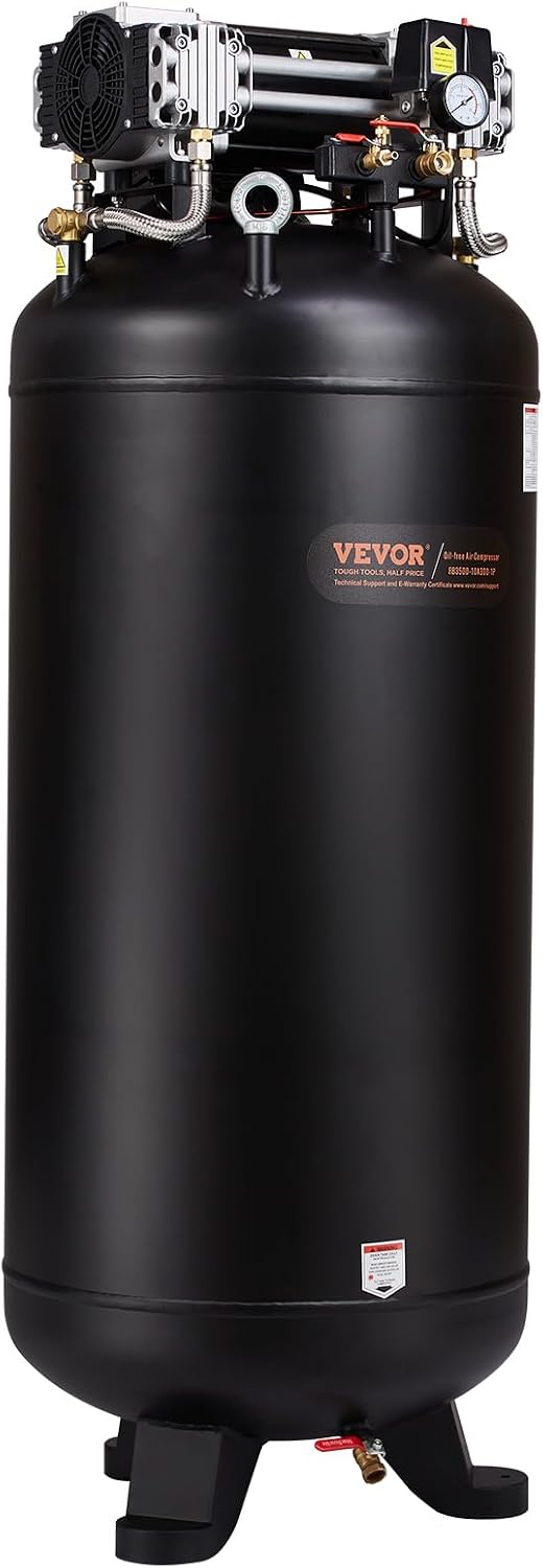 VEVOR 80 Gallon Air Compressor, 145PSI Oil Free Stationary Compressor Tank, 6.5HP 15.5SCFM@90 PSI, Quiet Compressor for Industrial Manufacturing, Workshops (220V/60Hz Single-Phase Power)