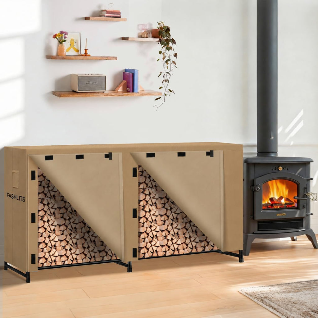 8ft firewood rack cover, waterproof heavy duty 600d shown in use