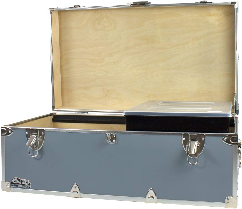 C&N Footlockers - Full-Size Happy Camper Trunk w/Tray - #1 Summer Camp Trunk - Made in the USA - Steel Footlocker with Lid Stay - 32 x 18 x 13.5 Inches (Gray)