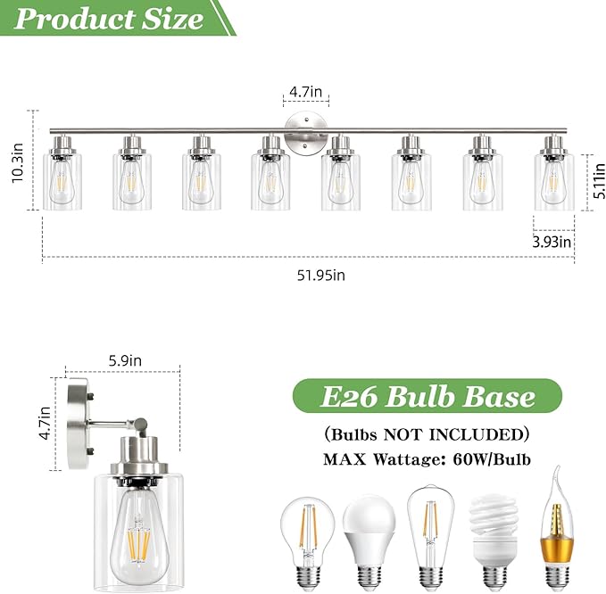 Guliaofo 8-Light Brushed Nickel Vanity Lights, Modern Bathroom Light Fixtures