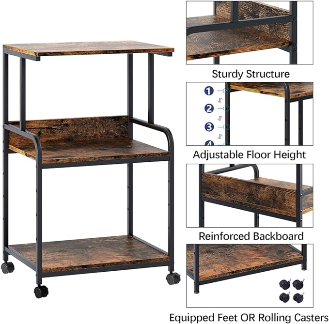 Arbuxzuy Printer Stand with Storage Shelf, 3 Tier Printer Cart with Wheels